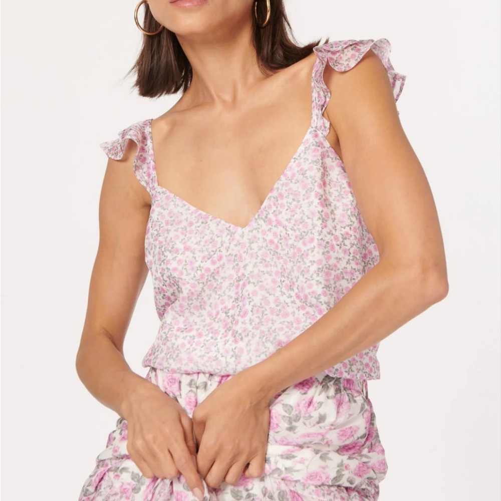 CAMI NYC Floral Pink and White Ruffle Strap Top NWT